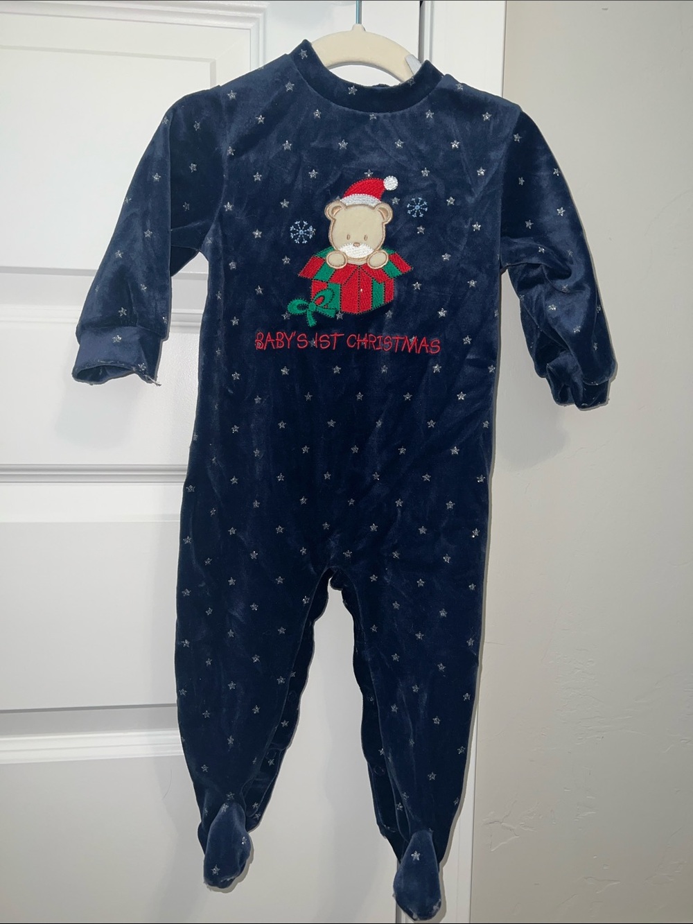 VINTAGE 90s My 1st Christmas Navy Sparkly Baby Footie Romper with Holiday Bear